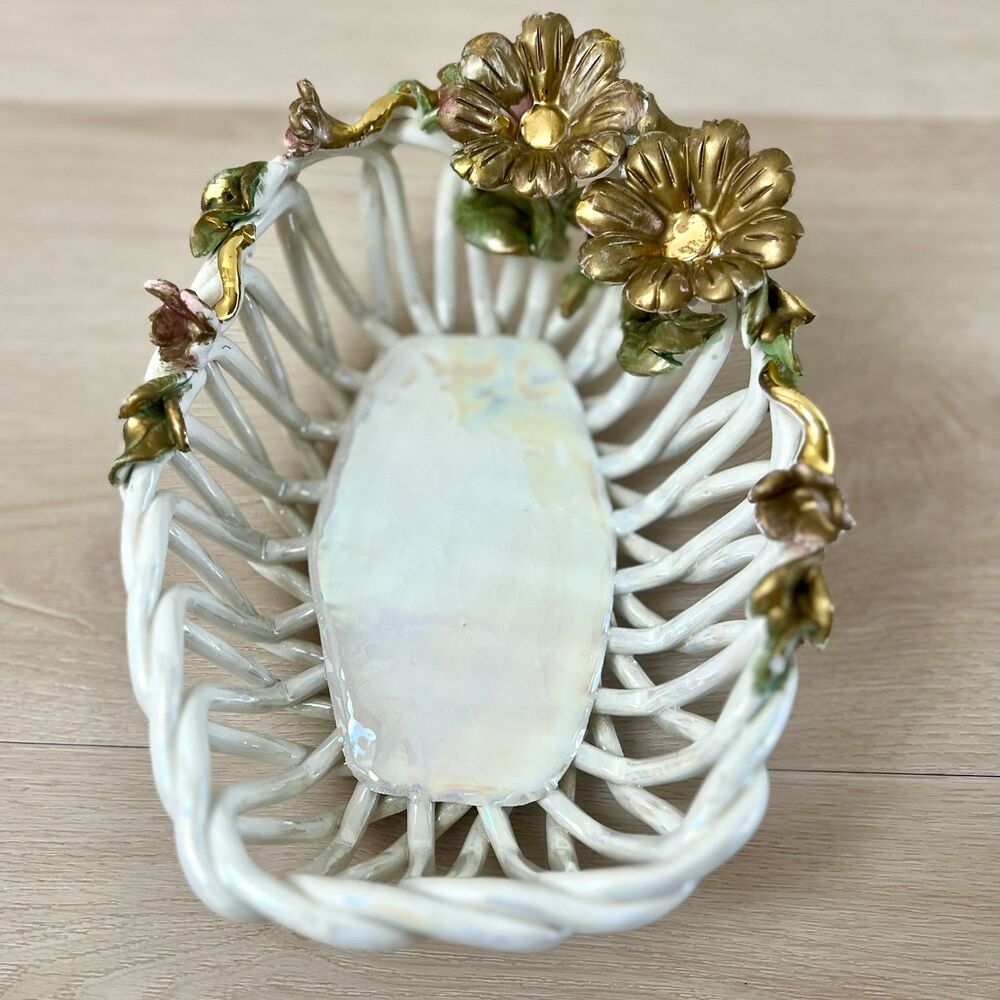 Vintage Capodimonte Italy (SIGNED) Iridescent Porcelain Open Lattice Weave Bowl - Picture 16 of 16